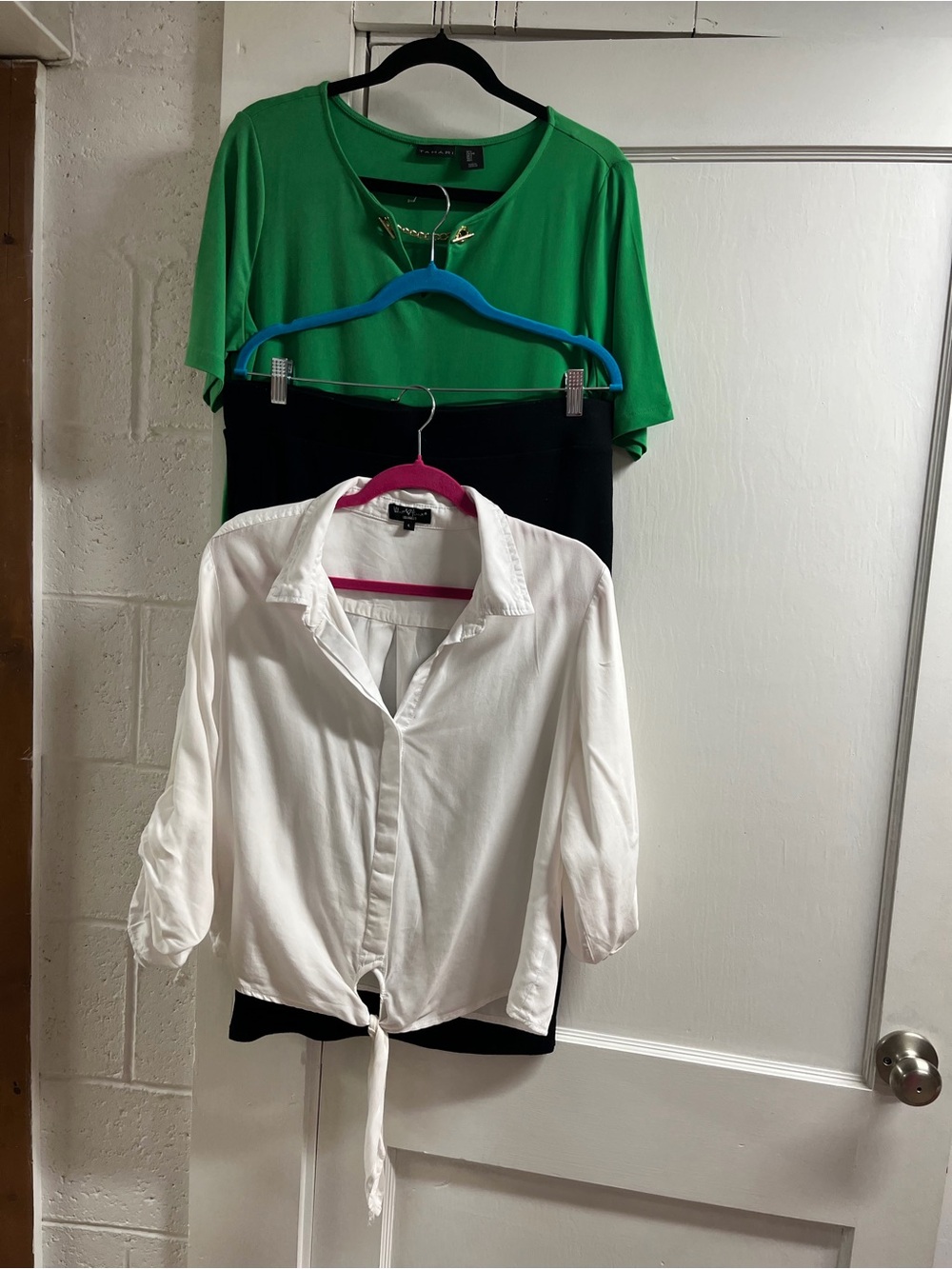 Lot of 3! Tahari Emerald Green top with Gold Chain Accent/white shirt/midi skirt